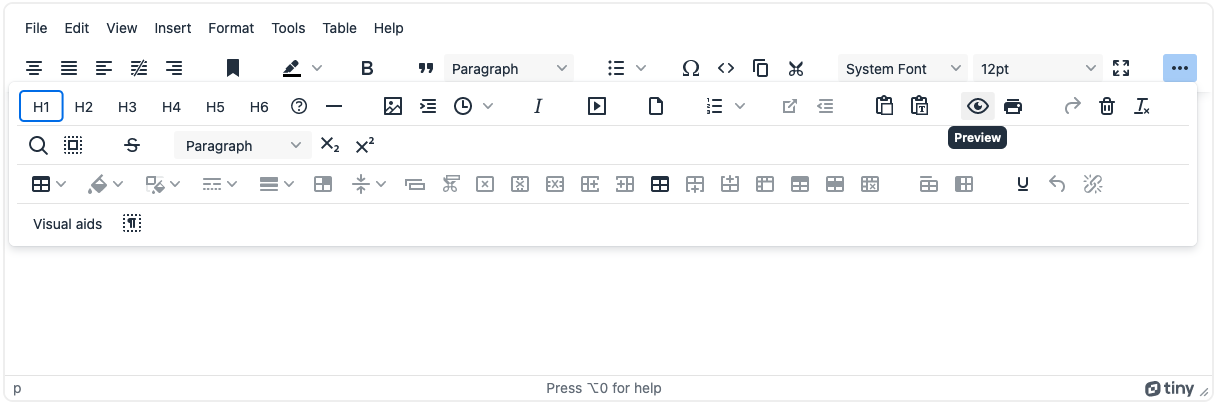 All toolbar icons showing in the browser for the TinyMCE demo