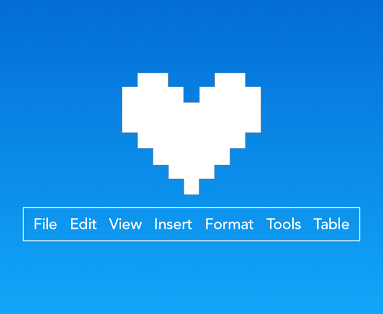 Menu options - File Edit View Insert Format Tools Table - with love heart above.