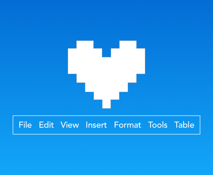 Menu options - File Edit View Insert Format Tools Table - with love heart above.