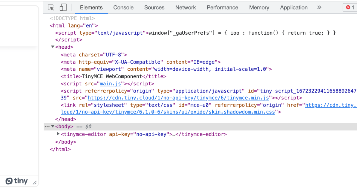TinyMCE web component running in browser with dev tools showing webpack main.js file