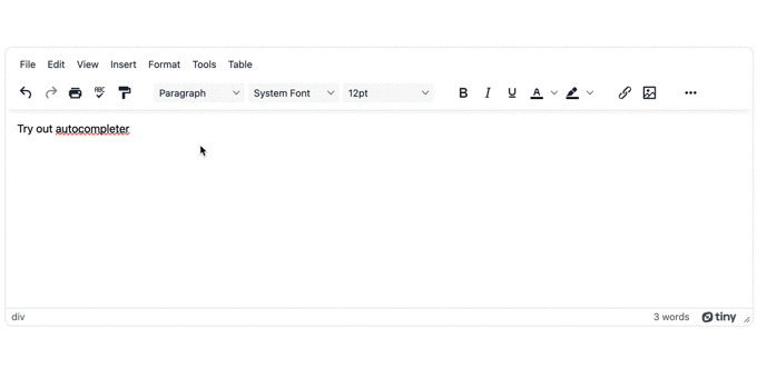 The autocompleter working in TinyMCE with the / command