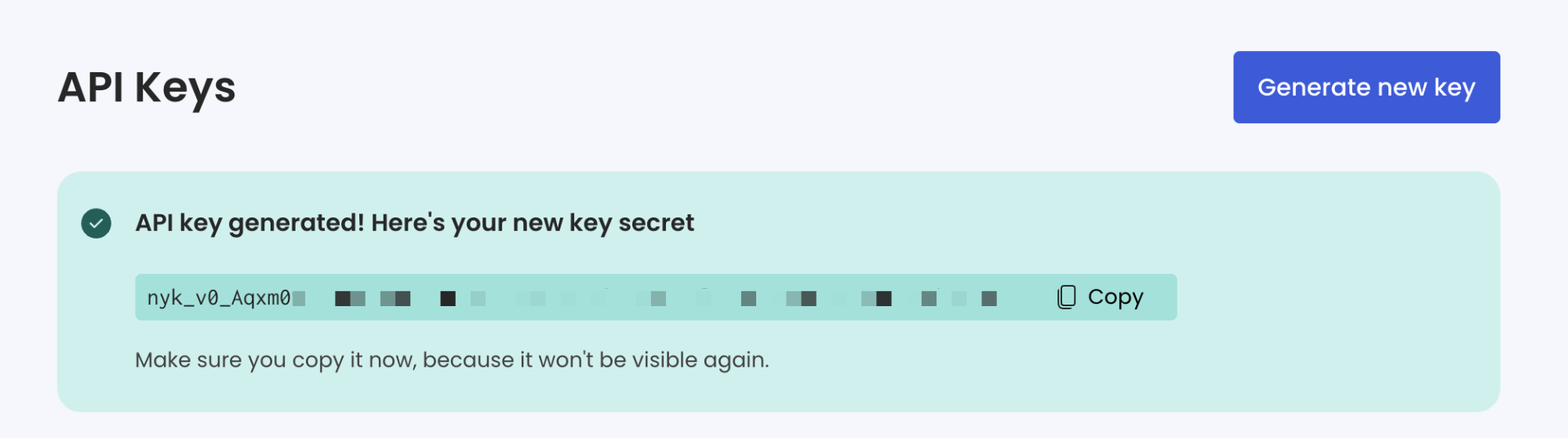 Nylas interface showing the newly created API key.