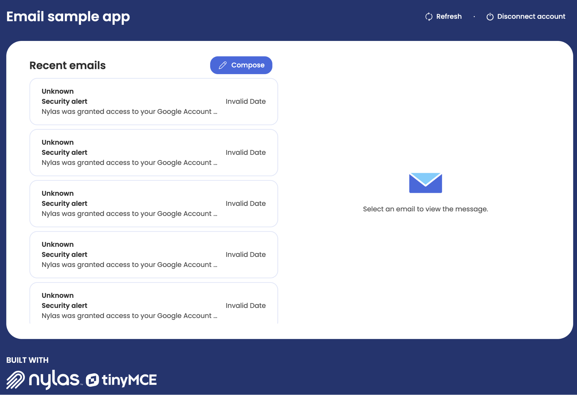 Your email sample application listing some emails.