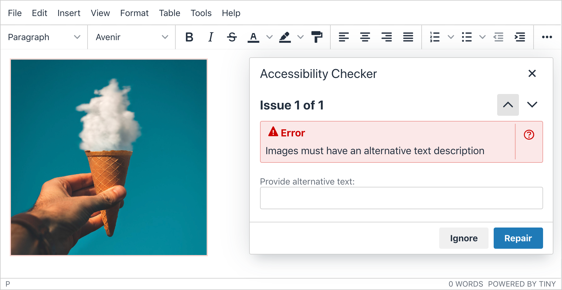 TinyMCE Accessibility Checker displaying an error message.