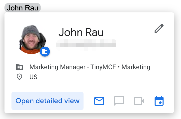 A contact card is shown when you hover over a name in Google Docs