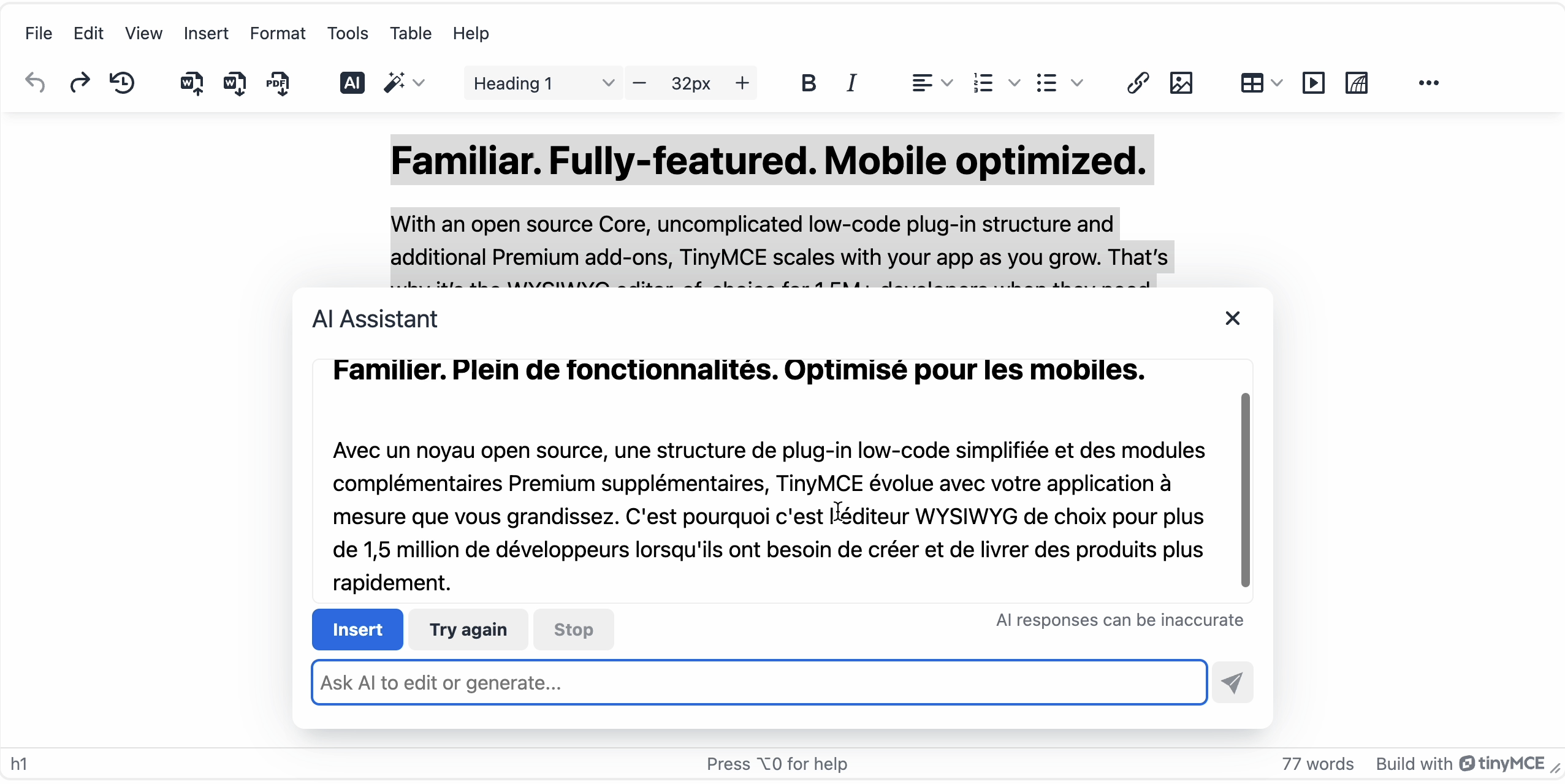 the rich text Editor TinyMCE converts English text to French