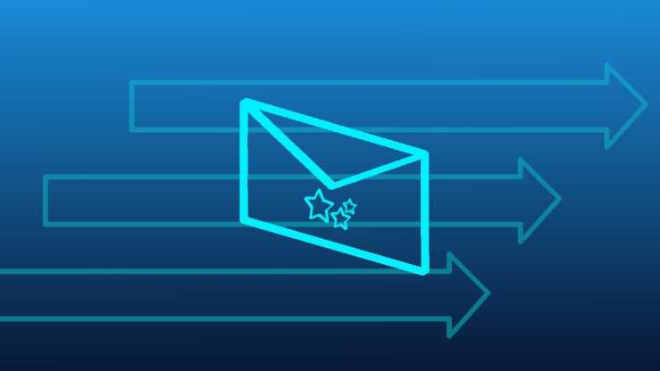 A Blue neon envelope representing email on a backdrop of arrows