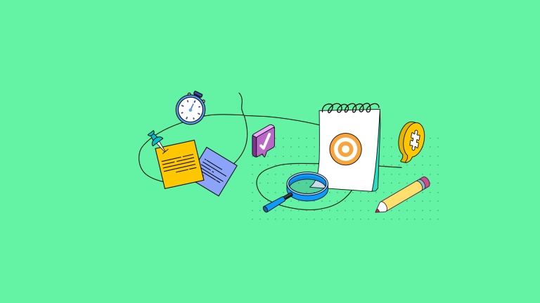 A collection of Agile related imagery such as notebooks, pinned cards, and a stop watch