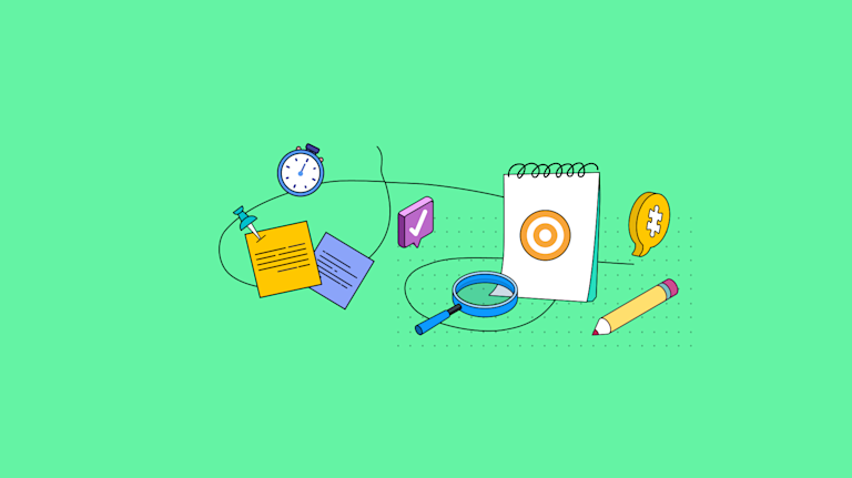 A collection of Agile related imagery such as notebooks, pinned cards, and a stop watch