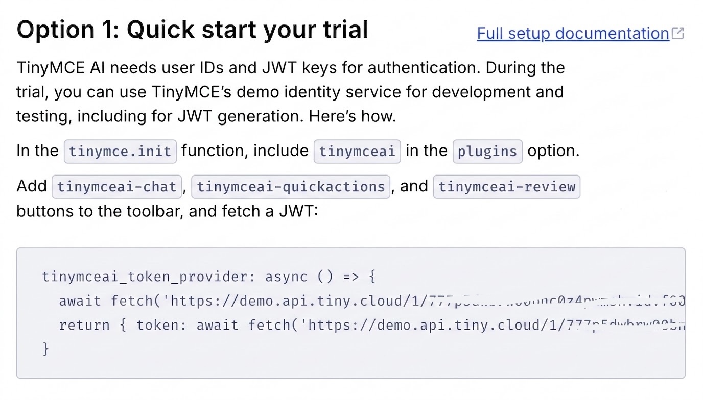 The TinyMCE AI suite quick start trial page under an example TinyMCE Account.