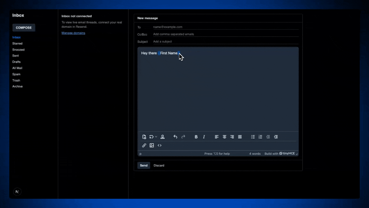 The rich text editor web component TinyMCE with the Full Page HTML plugin in an email messaging system wireframe