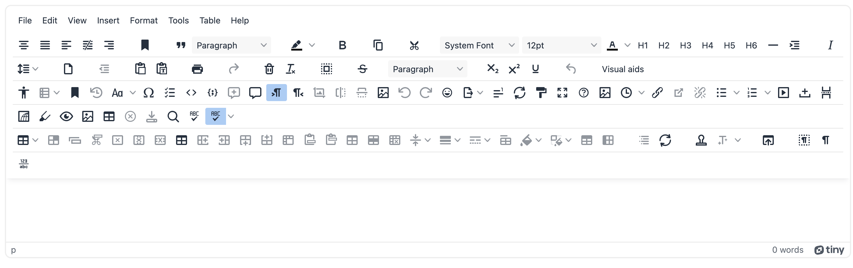 All toolbar icons showing in the browser for the TinyMCE demo