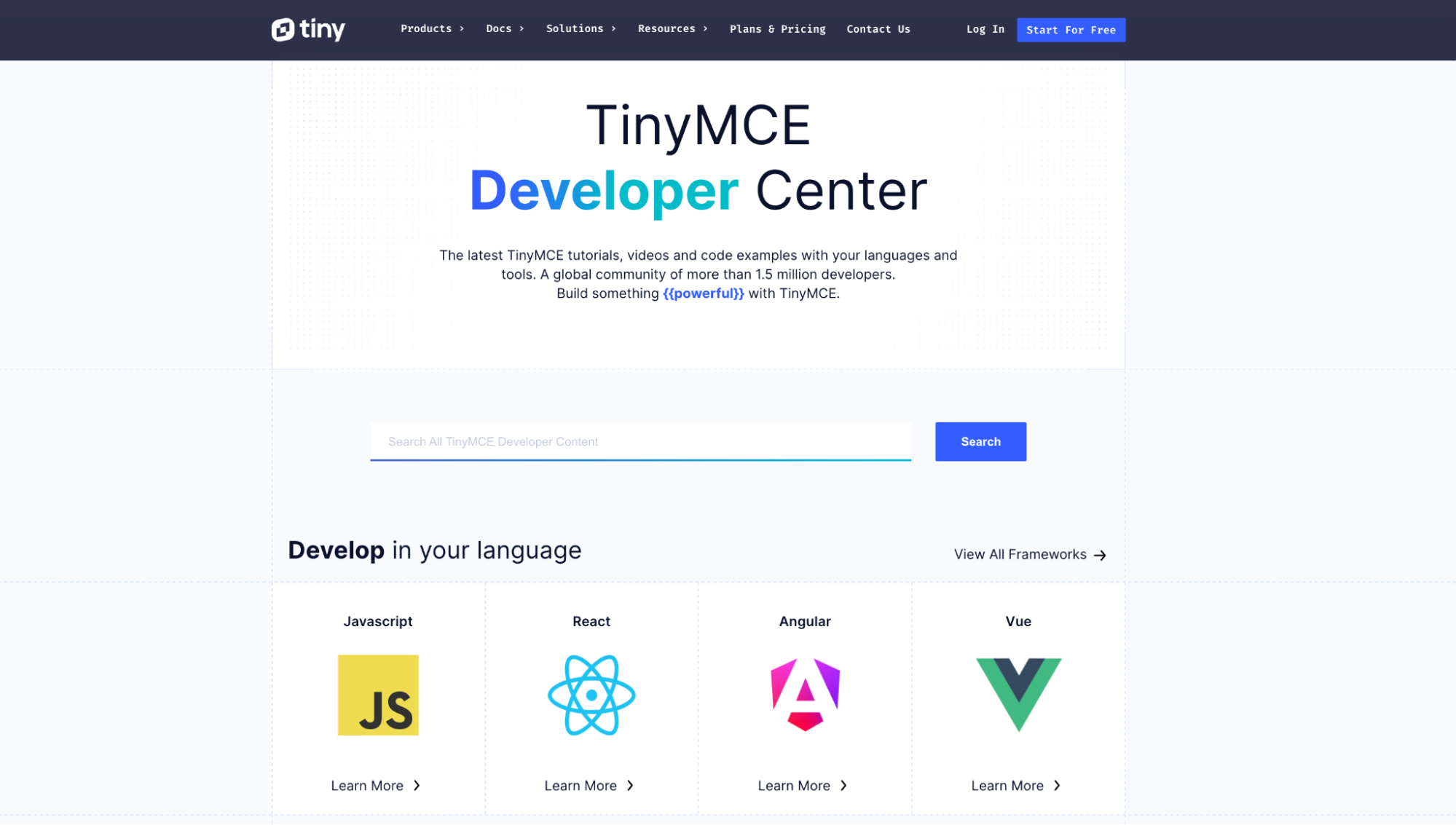 A screenshot of the TinyMCE Developer Center.
