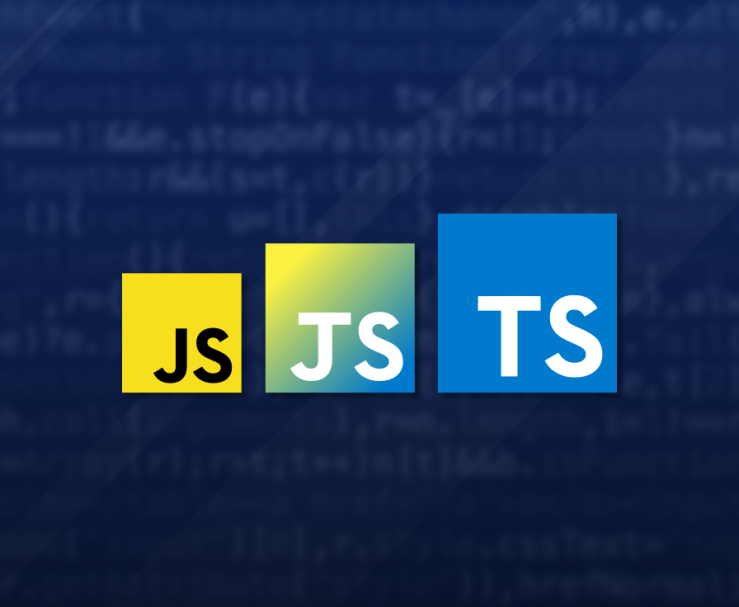 An evolution of the JavaScript logo (JS) to the TypeScript logo (TS), with a made up logo that looks like a combination of the two in between.