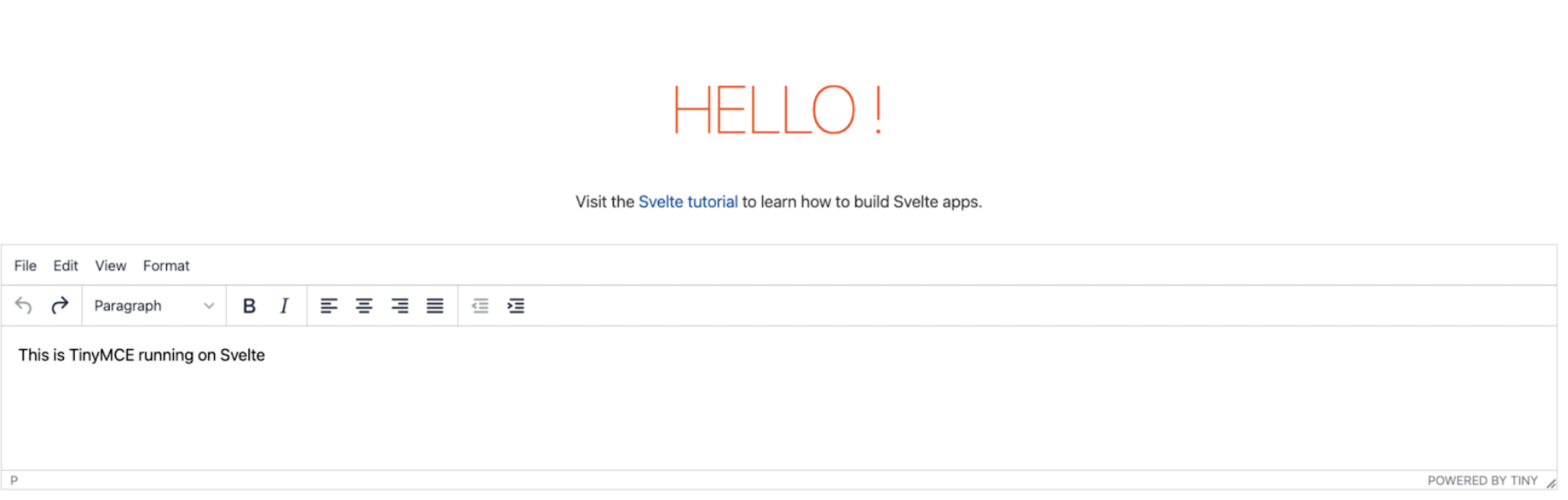 A screen showing the TinyMCE rich text editor running on Svelte in the browser.