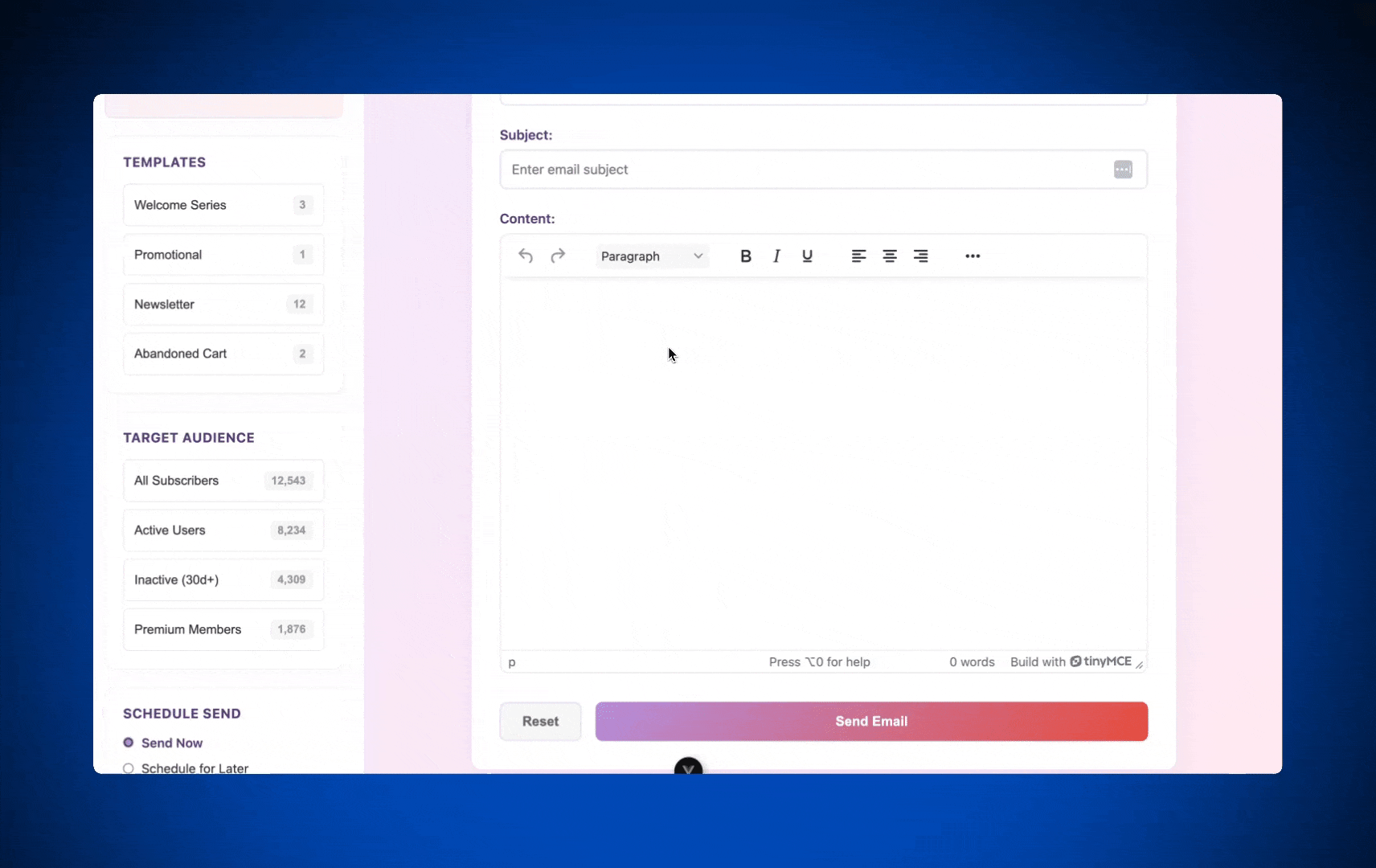 An example of TinyMCE integrated into a Vue email messaging app.