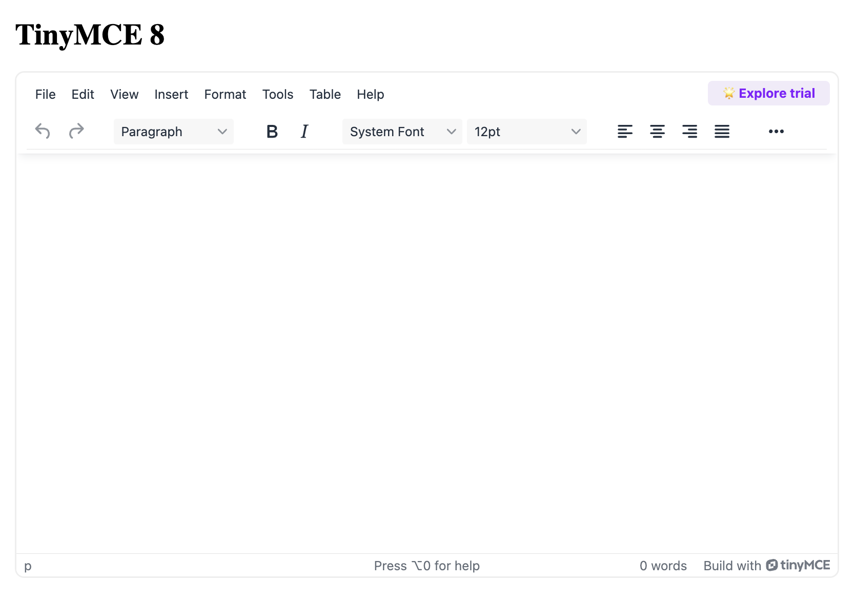A screenshot of a basic JavaScript web app containing the rich text editor TinyMCE 8