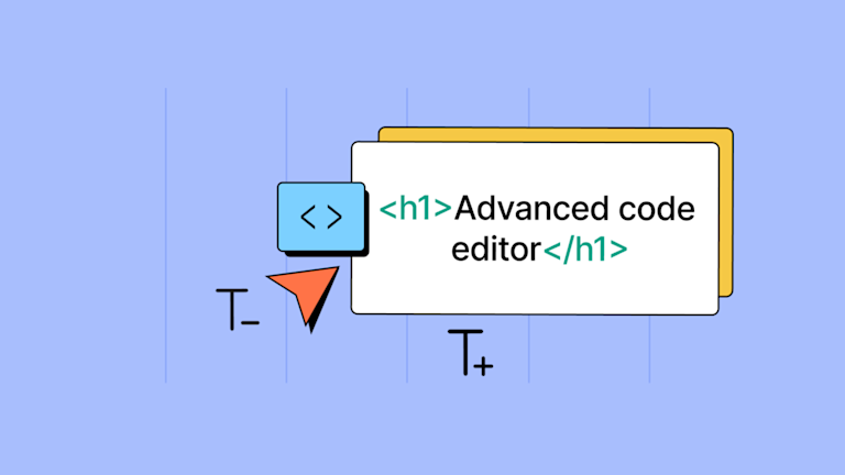 The words Advanced code editor surrounded by symbols for code editing.