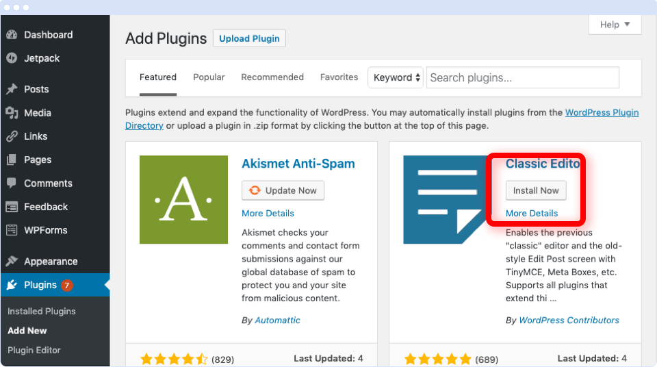 WordPress Add Plugins screen with the Install Now button highlighted against the Classic Editor plugin.