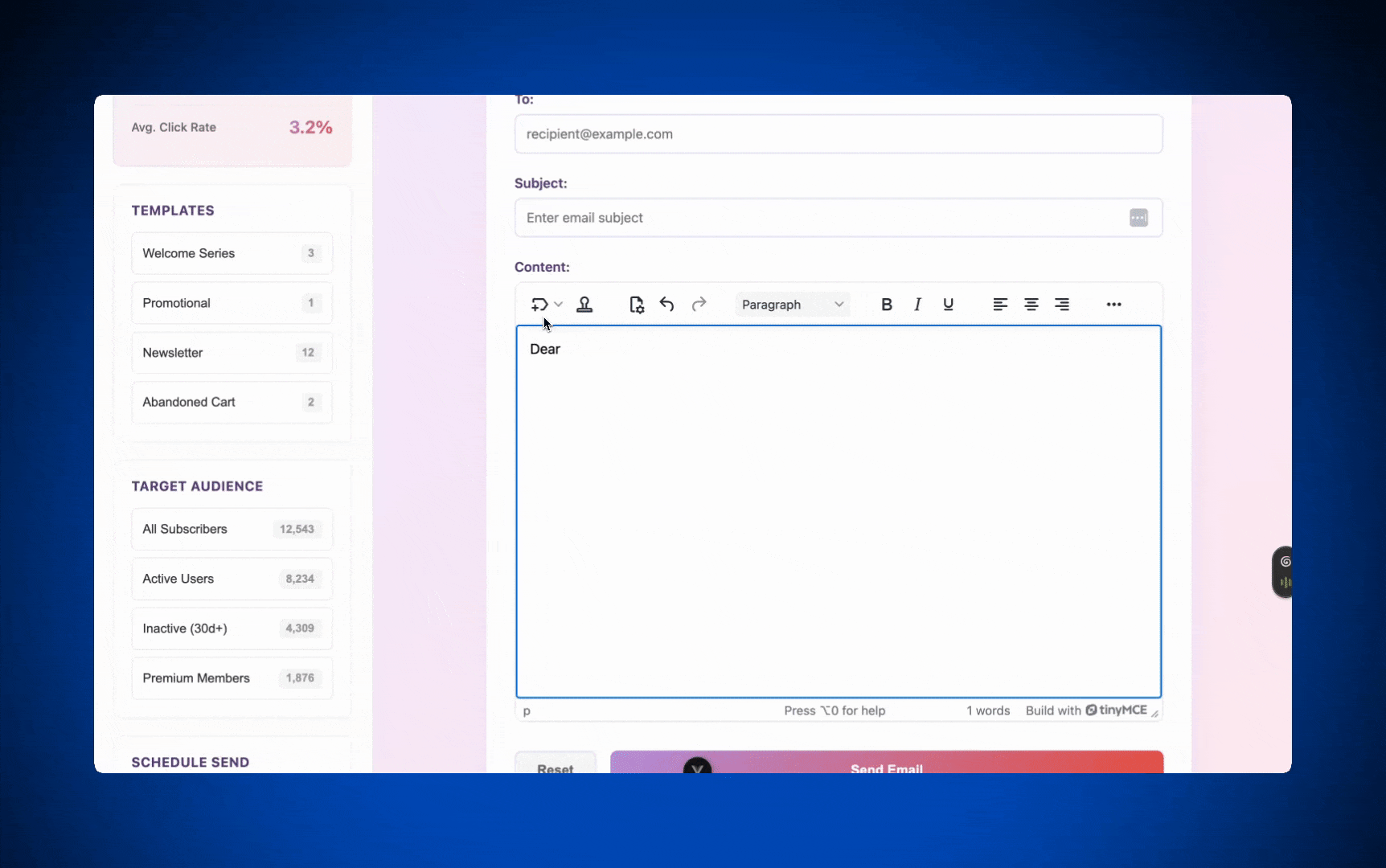 An example of Merge Tags working in TinyMCE in a Vue email messaging app