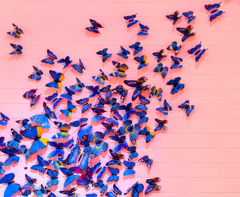 A swarm of blue butterflies against a brick wall painted pink.