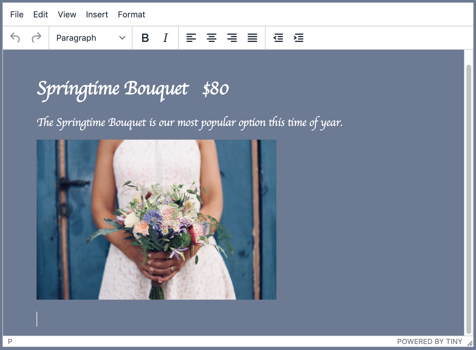 Screenshot of TinyMCE editor with an image of a wedding bouquet and cursive text reading 