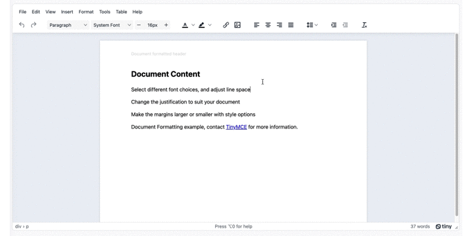 The document formatting working in a TinyMCE demo