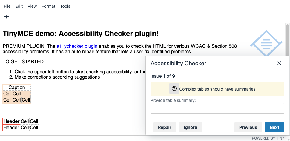 Screenshot of the Accessibility Checker plugin demo.