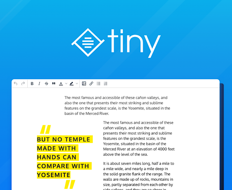 Rich text editor containing content with a styled block quote, Tiny company logo above.