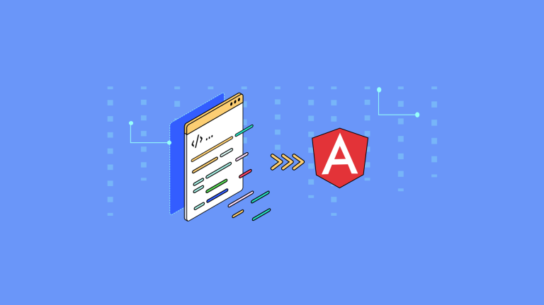 Many small pieces of data travel across a space toward the Angular logo, representing the action of getting content with Angular