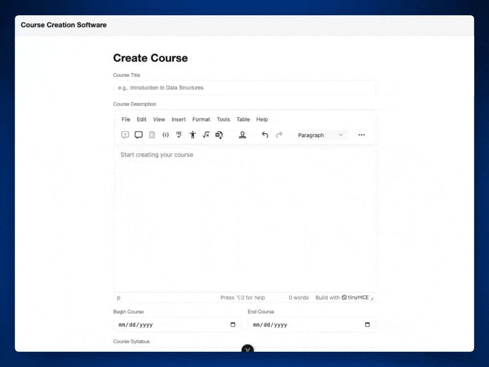A GIF of the WYSIWYG editor TinyMCE working in a Learning Management System Course Creation page