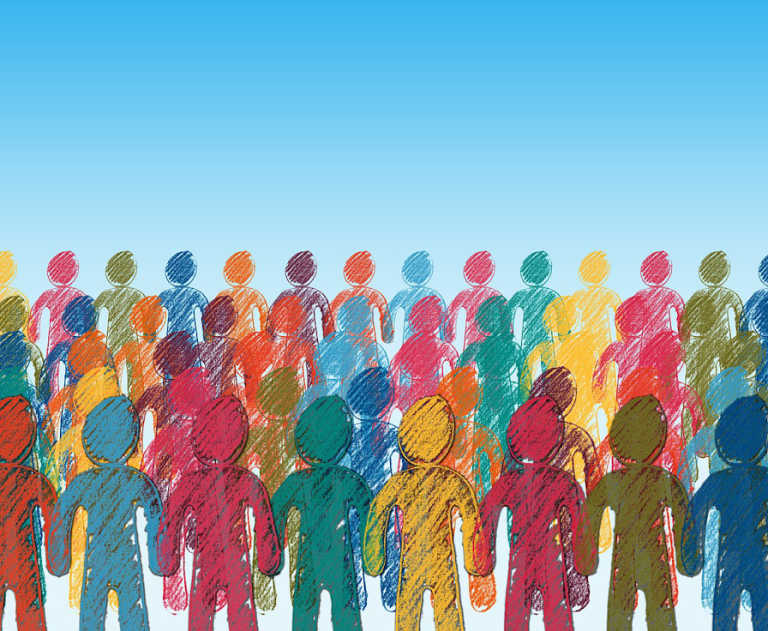 Abstract illustration of a crowd, each person sketched in a different color. 