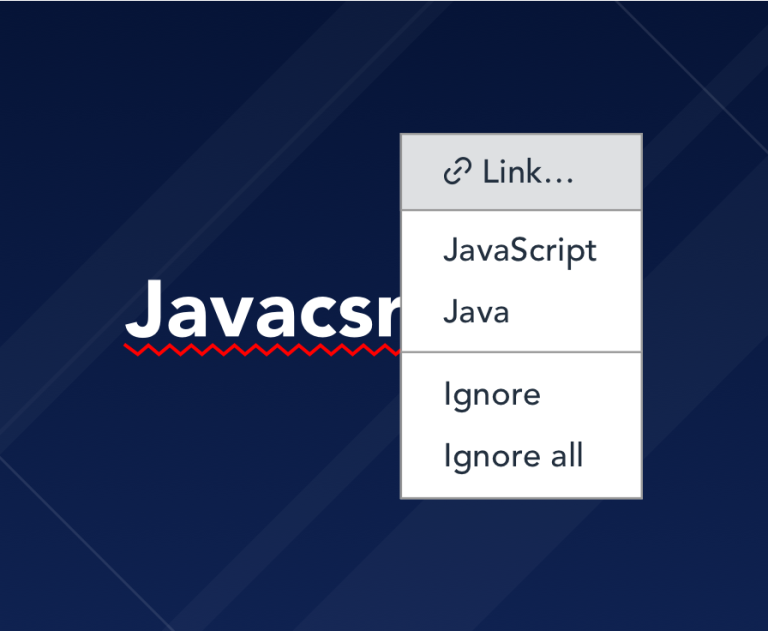 Text "JavaScript" misspelled with spell check options in menu to correct or ignore.