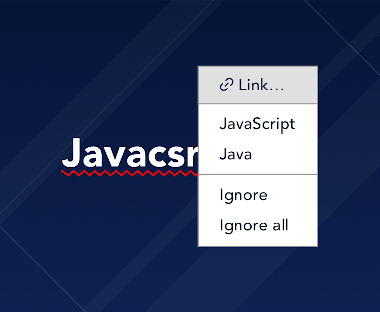 Text "JavaScript" misspelled with spell check options in menu to correct or ignore.