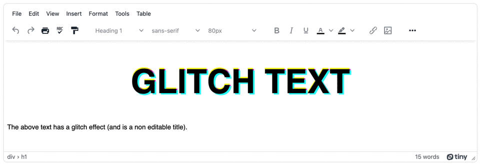 The glitch text demo working in the browser with TinyMCE