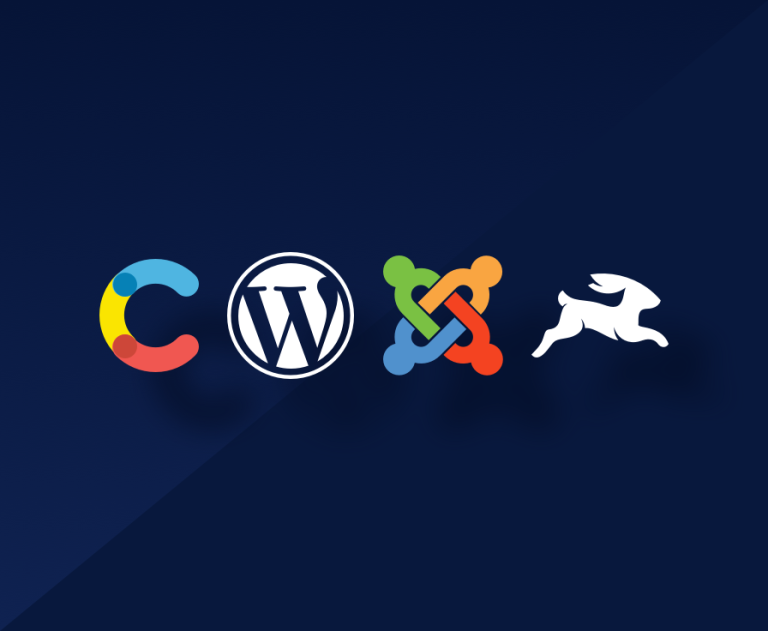 Contentful, WordPress, Joomla, and Directus logos on dark blue background.