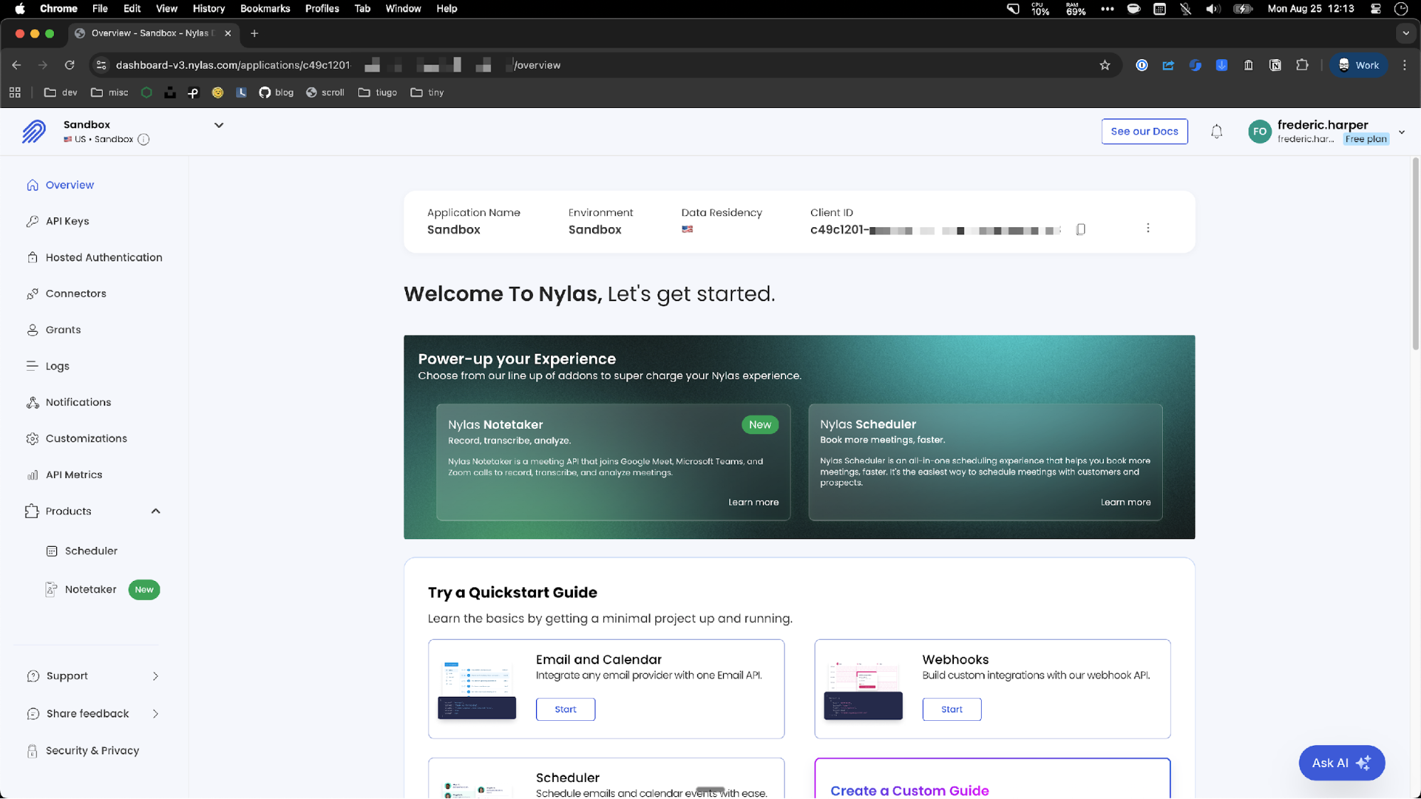 Nylas dashboard showcasing where to get the Client ID