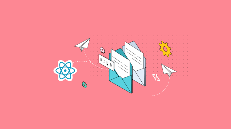 Emails appear next to the React Library icon, representing the connection between rich text editors and React email solutions