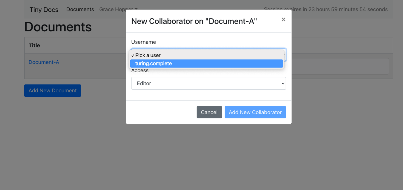 Adding a user to the Real-time Collaboration demo document
