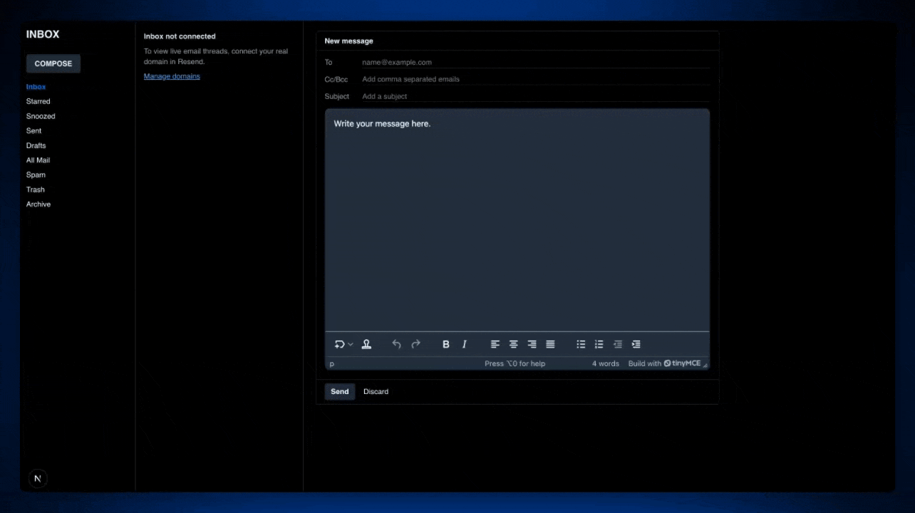 The rich text editor web component TinyMCE with the Merge Tags plugin in an email messaging system wireframe
