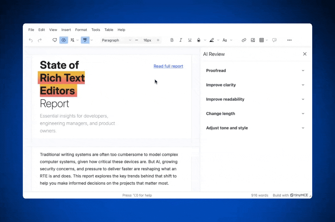 A demo GIF of TinyMCE AI