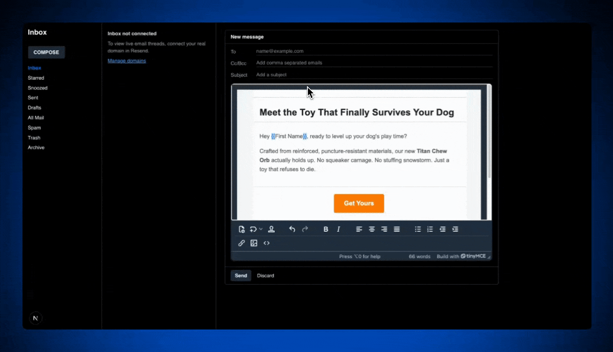 The rich text editor web component TinyMCE working in an email messaging system wireframe