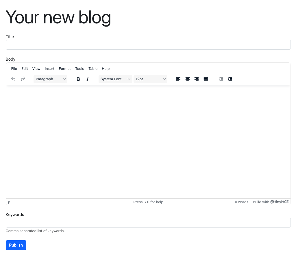 A screenshot of TinyMCE integrated into a Bootstrap blog submission app