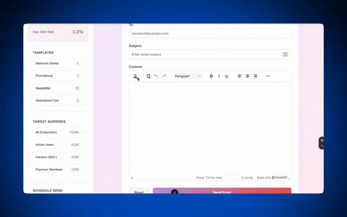 An example of Templates working in TinyMCE in a Vue email messaging app