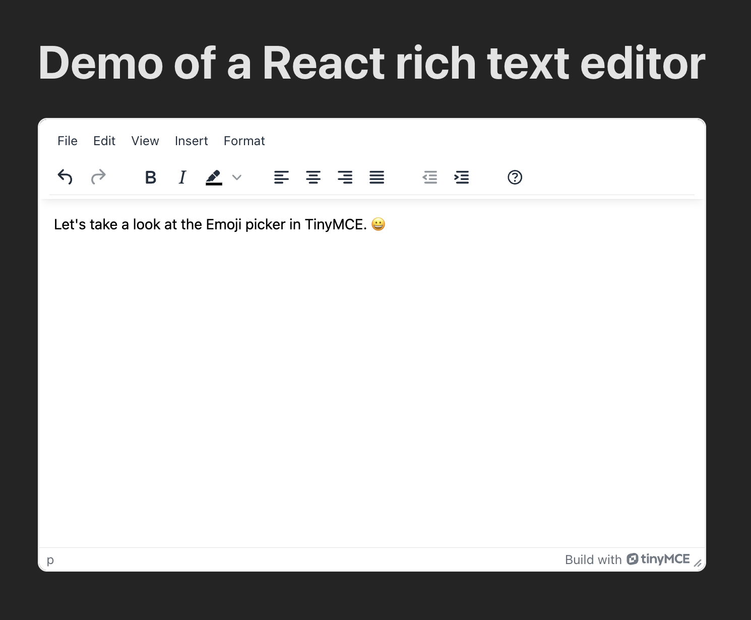 A screenshot of the rich text editor TinyMCE in the web framework React
