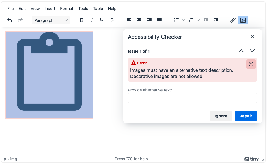 The TinyMCE Accessibility Checker plugin confirms that alternate text is needed for the image of a clipboard icon