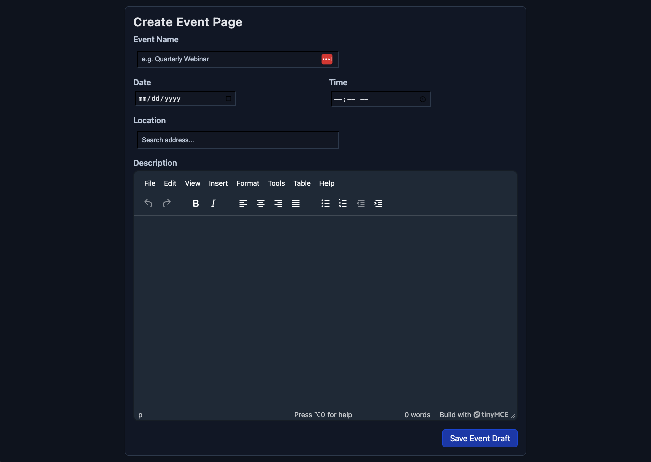 A basic CMS event creation page with TinyMCE as the rich text editor.