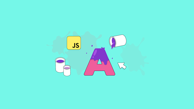 A letter having it's color changed with paint, and a JS icon, representing the dynamic changes of font color