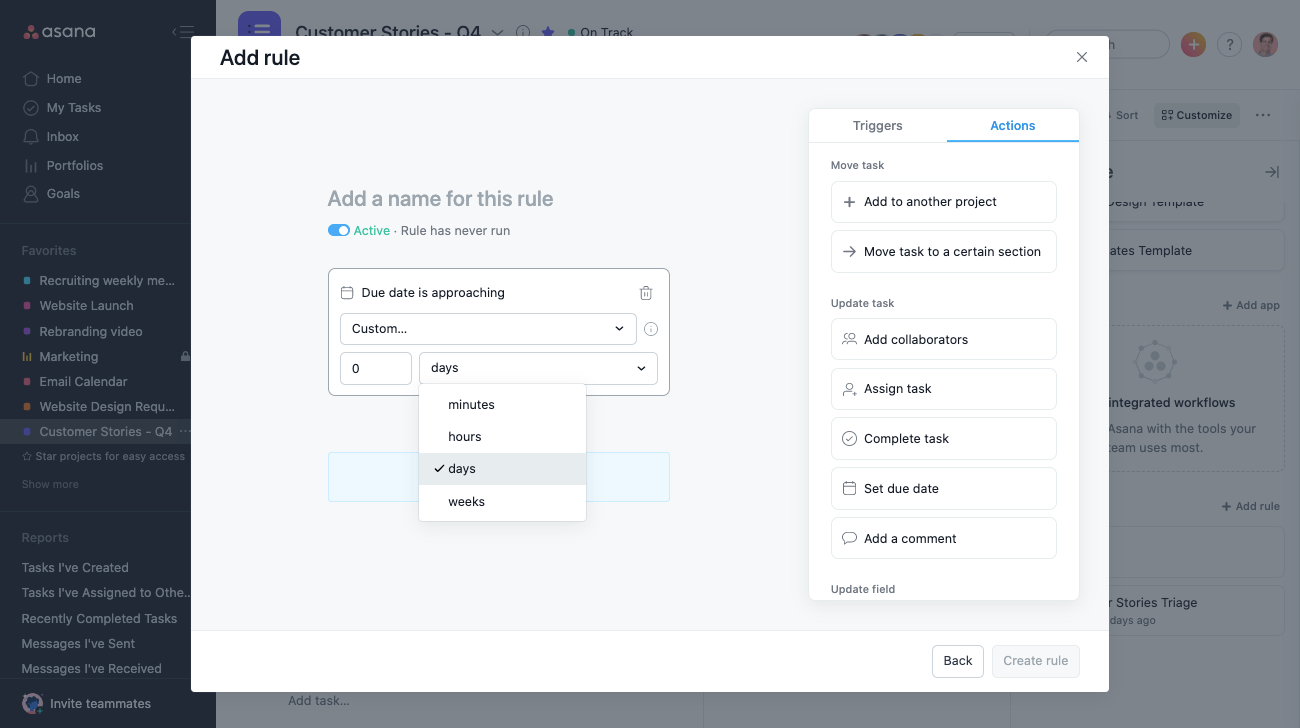 The Asana interface for coordinating tasks shown
