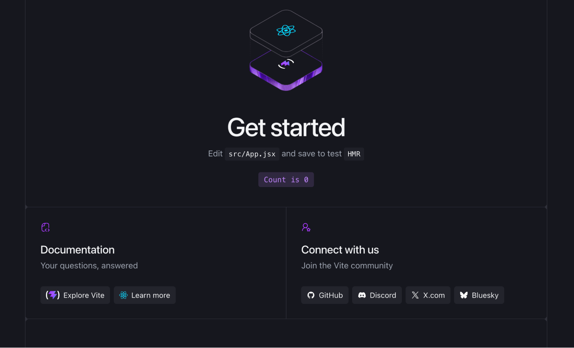 The front screen of a brand new React + Vite app.